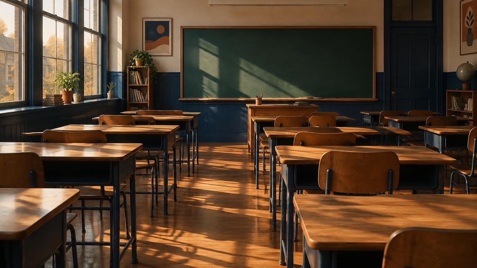 An empty classroom in late afternoon, wooden desks facing a chalkboard and tall windows